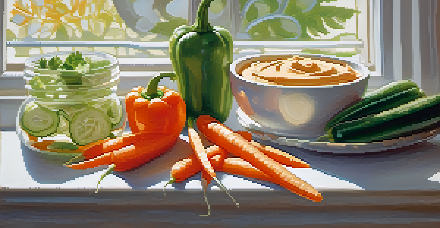 A close-up of fresh raw vegetables including carrots and cucumbers served with hummus, illuminated by sunlight in a bright setting.