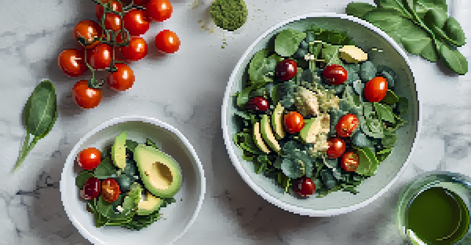 An overhead view of a healthy salad with spirulina dressing and a small glass container of spirulina powder on a marble countertop.