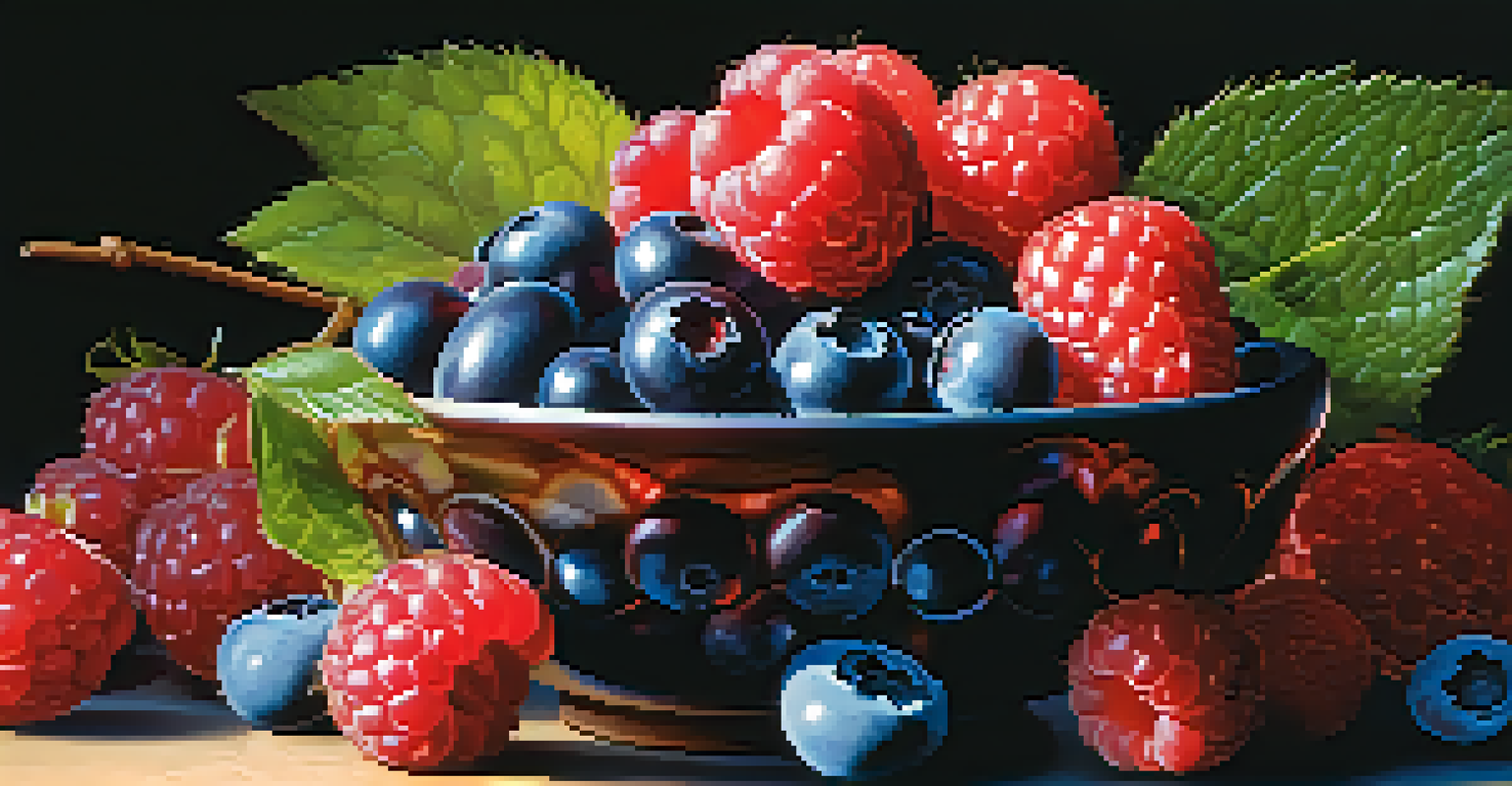 A bowl filled with fresh and colorful berries, glistening with dew against a dark background.