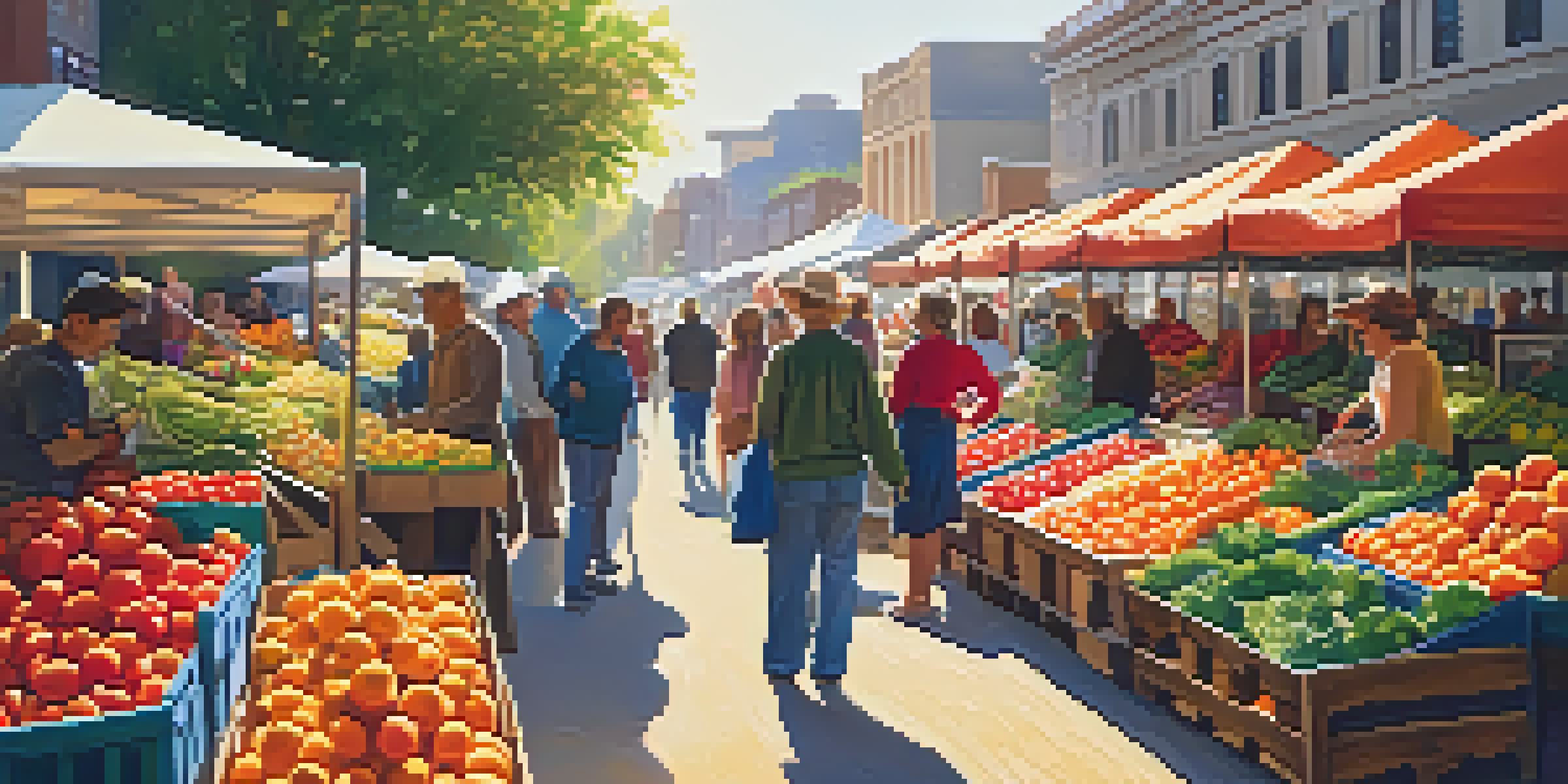 A lively farmer's market with colorful seasonal fruits and vegetables, people shopping under warm sunlight.