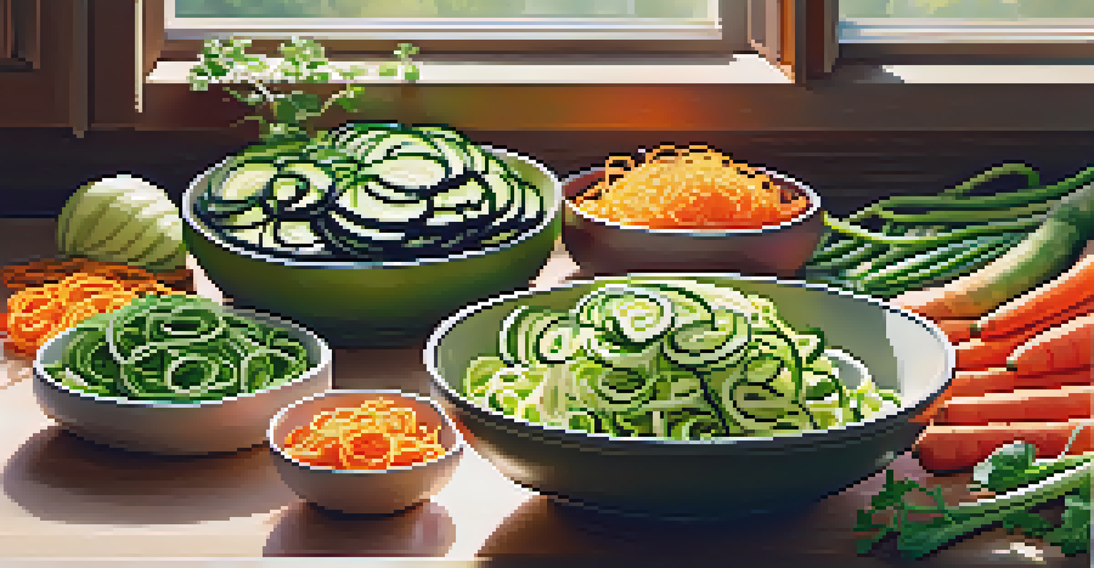 A bowl of spiralized vegetables with a spiralizer in the background, illuminated by bright sunlight, showcasing colorful and healthy meal prep.