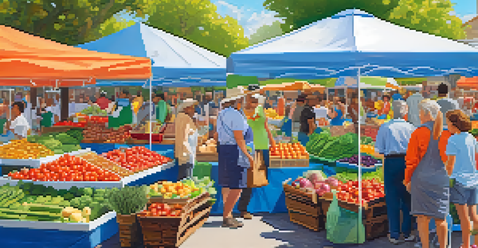 A bustling farmer's market with colorful fruits and vegetables, showcasing a variety of plant-based foods and people interacting.