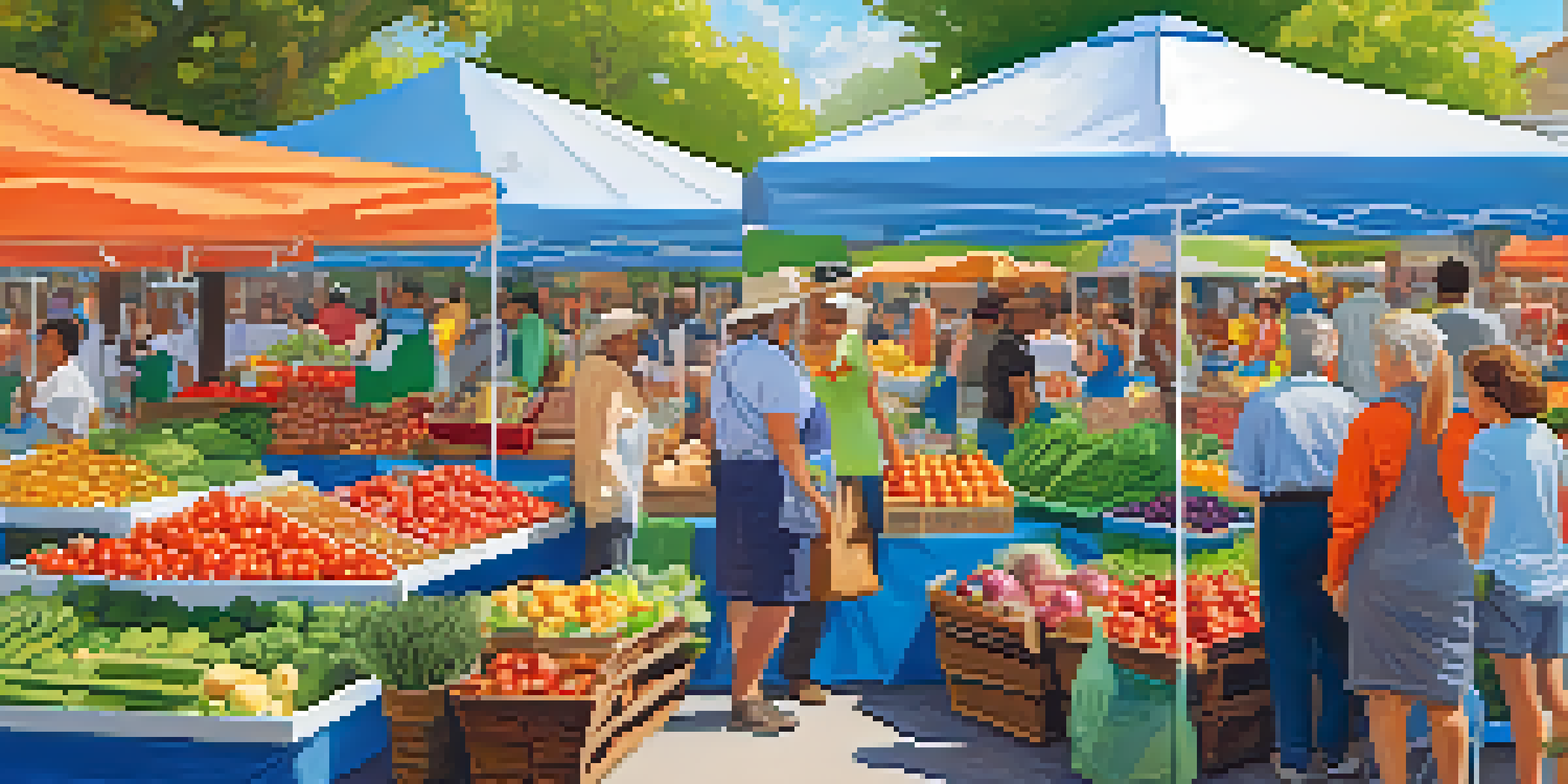 A bustling farmer's market with colorful fruits and vegetables, showcasing a variety of plant-based foods and people interacting.