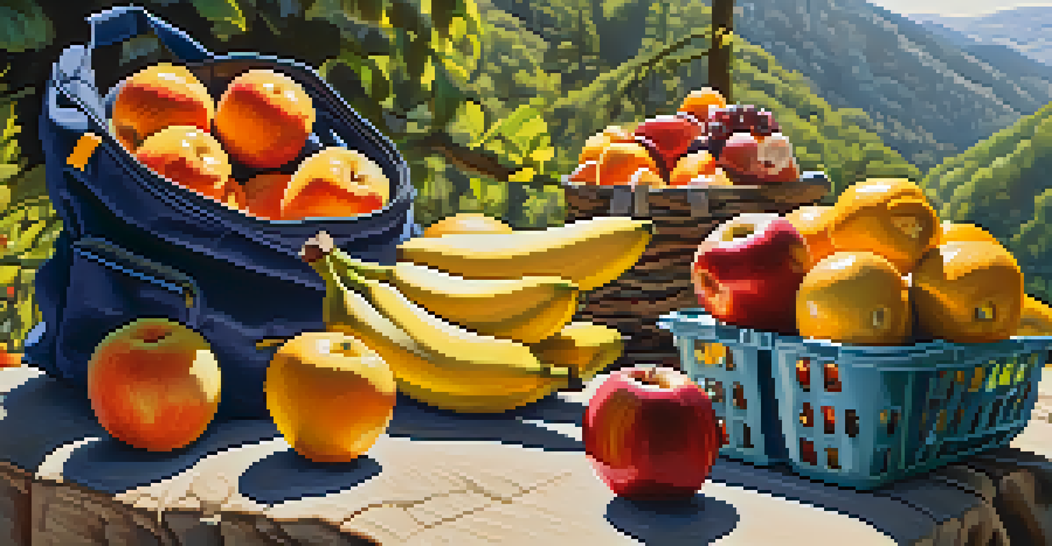An assortment of fresh fruits packed in a backpack on a sunny hiking trail.