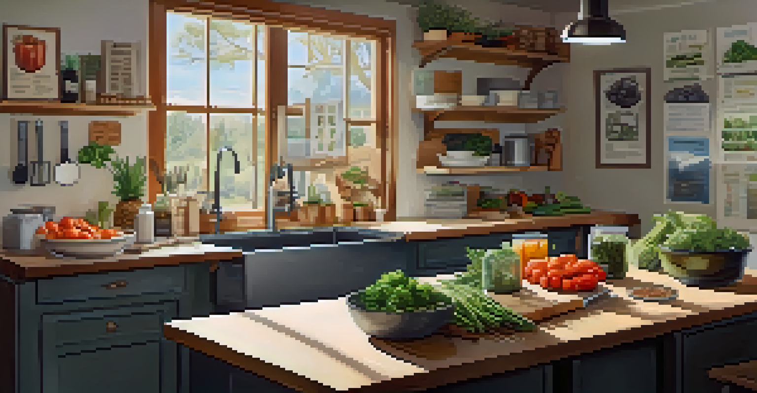 A bright kitchen with a person preparing vegan meals, fresh vegetables on the counter, and a compost bin.