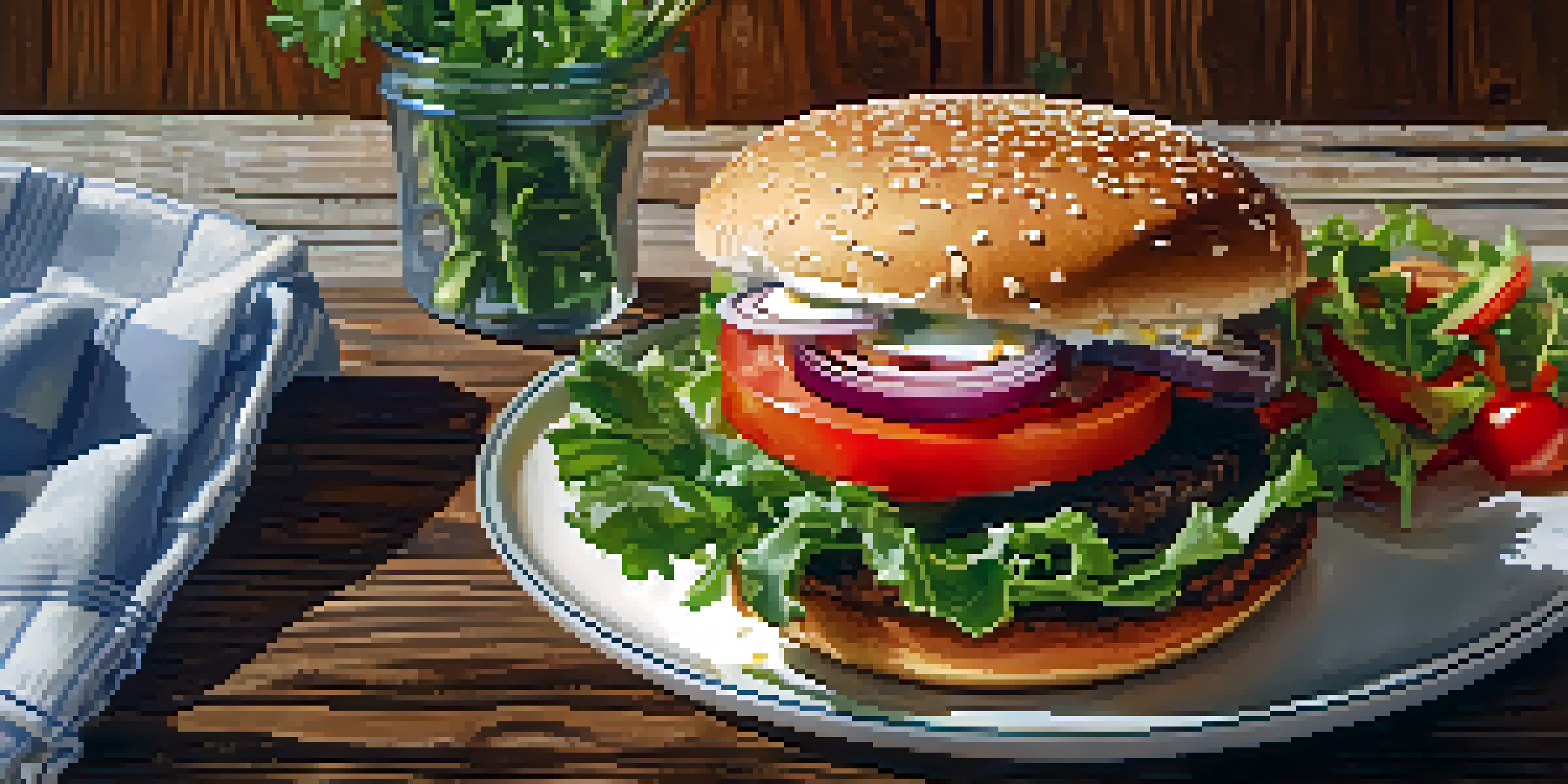 A gourmet lab-grown meat burger on a wooden table, garnished with greens and tomatoes, illuminated by soft natural light.