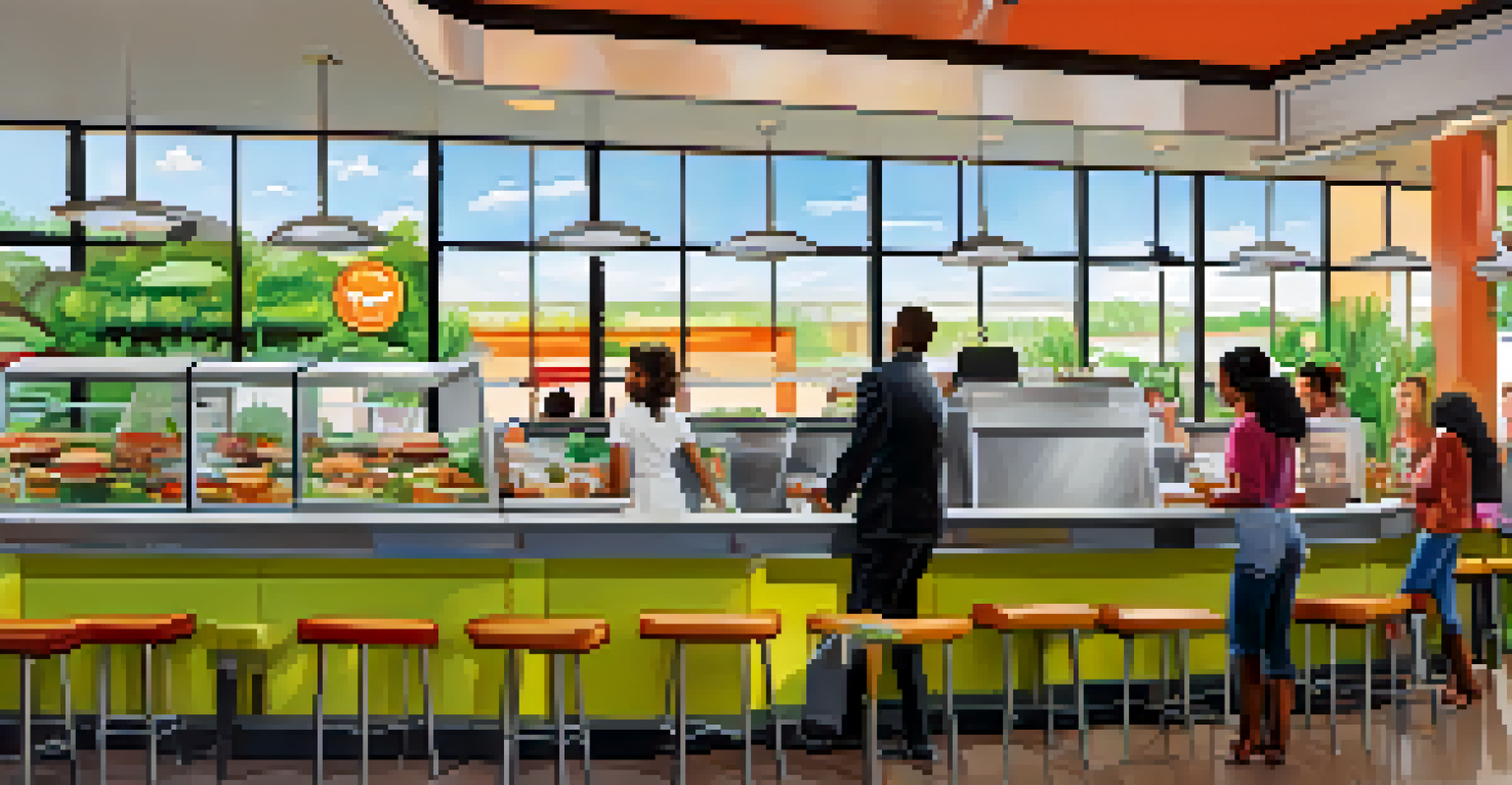 An airport restaurant with staff helping a traveler, showcasing a menu of vegan options like salads and burgers.