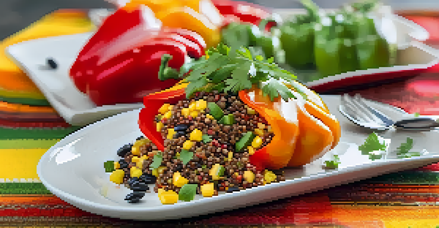 A plate of quinoa-stuffed bell peppers filled with quinoa, black beans, and corn, garnished with cilantro, set against a colorful tablecloth.