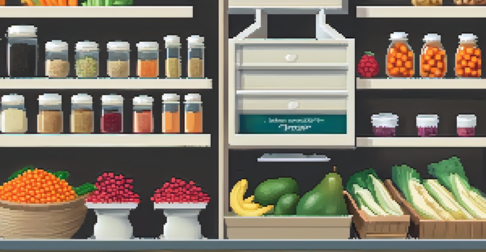 A well-organized vegan pantry filled with fiber-rich foods including beans, lentils, quinoa, fresh fruits, and vegetables, illuminated by soft natural light.