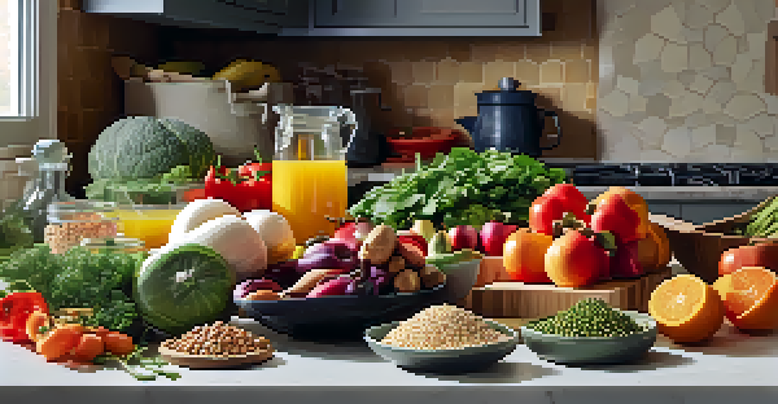 A kitchen counter filled with fresh fruits, vegetables, and grains, with an open recipe book and natural light illuminating the scene.