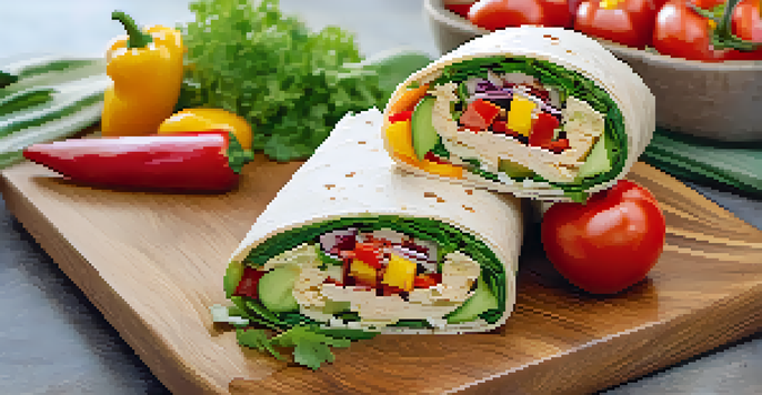 A colorful vegan wrap filled with fresh vegetables and hummus, cut in half, with cherry tomatoes and a bowl of salsa on the side.
