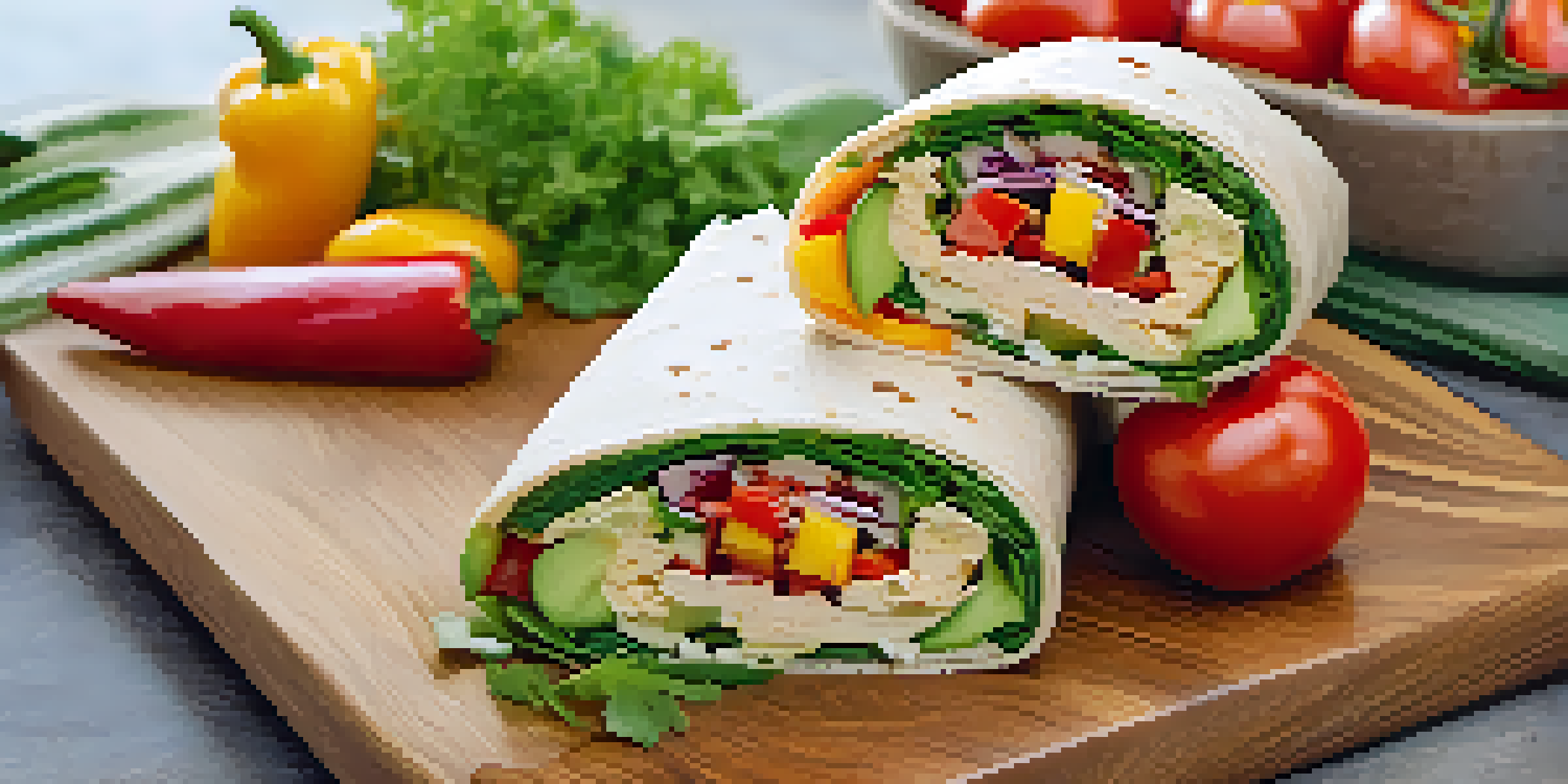 A colorful vegan wrap filled with fresh vegetables and hummus, cut in half, with cherry tomatoes and a bowl of salsa on the side.