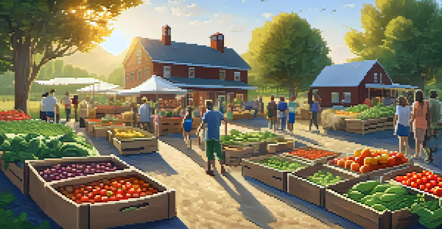 Families picking up boxes of fresh produce at a CSA event with a beautiful farm backdrop during sunset.
