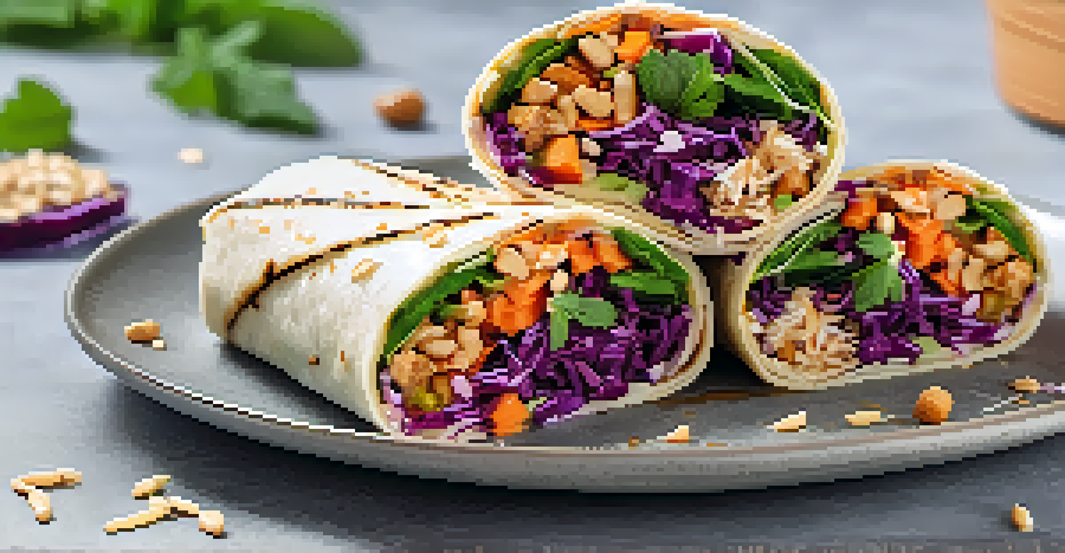 A close-up of a Thai-inspired vegan wrap filled with colorful vegetables and peanut sauce on a plate.