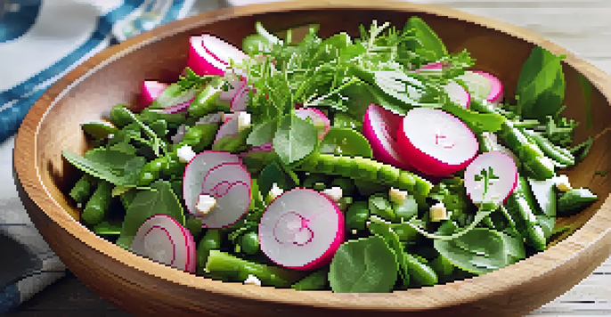 A colorful spring vegetable salad with peas, asparagus, radishes, and arugula in a wooden bowl, set against a sunny background.