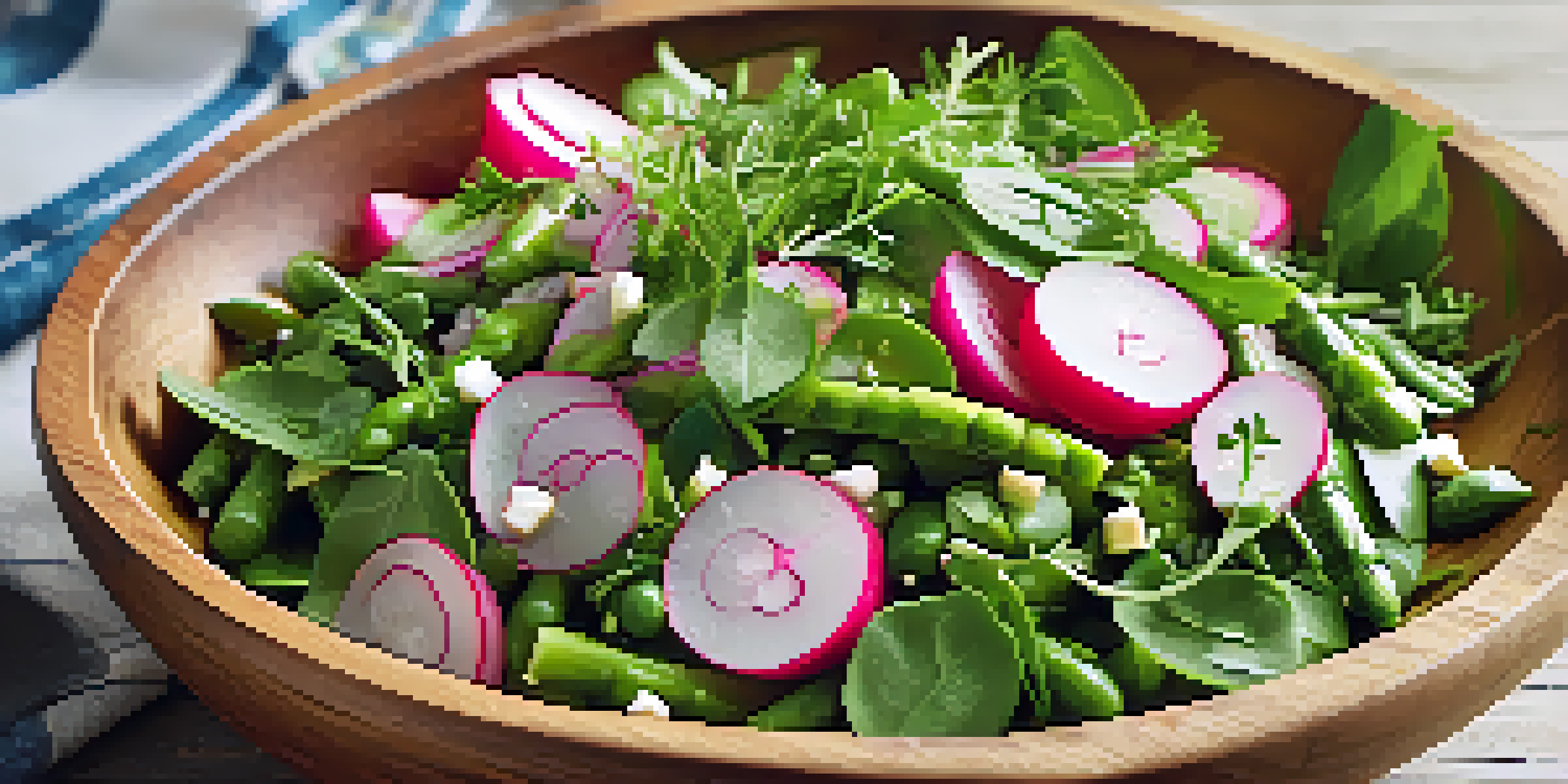 A colorful spring vegetable salad with peas, asparagus, radishes, and arugula in a wooden bowl, set against a sunny background.