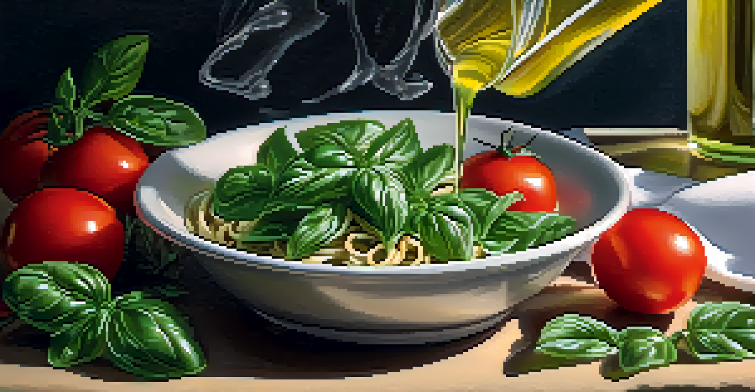 A hand tearing basil leaves over a bowl of pasta with tomatoes and olive oil in the background.