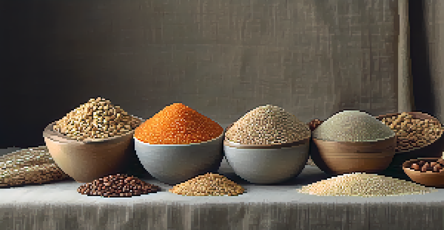 A creative arrangement of grains, legumes, and nuts on a textured fabric backdrop, showcasing healthy food options.