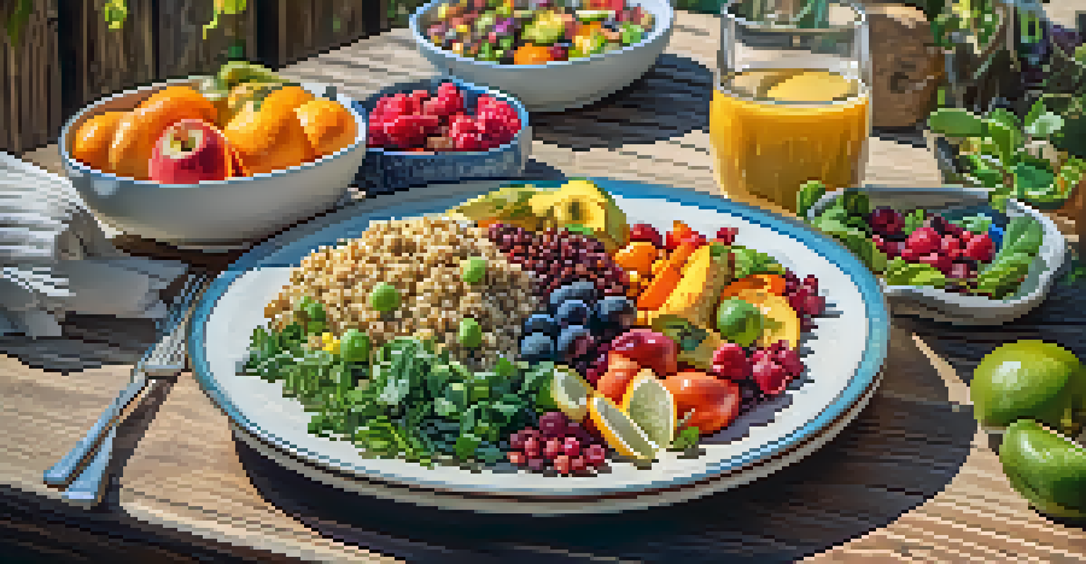 A colorful vegan plate with quinoa salad, roasted vegetables, and fruits, arranged beautifully on a table outdoors.