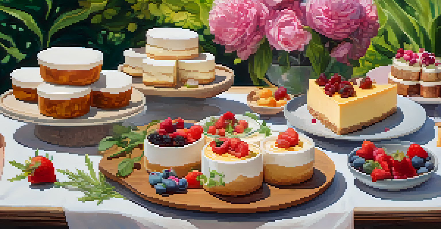 A close-up of unique vegan dishes on a picnic table, featuring dairy-free cheesecakes, vegan ice creams, and colorful gluten-free pastries in a lush setting.