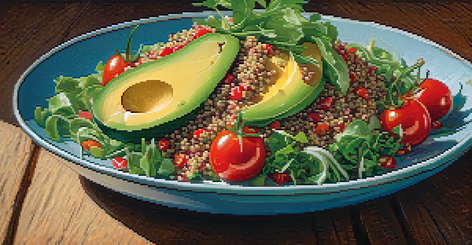 A beautifully presented plant-based meal featuring a quinoa salad with fresh ingredients on a wooden table.