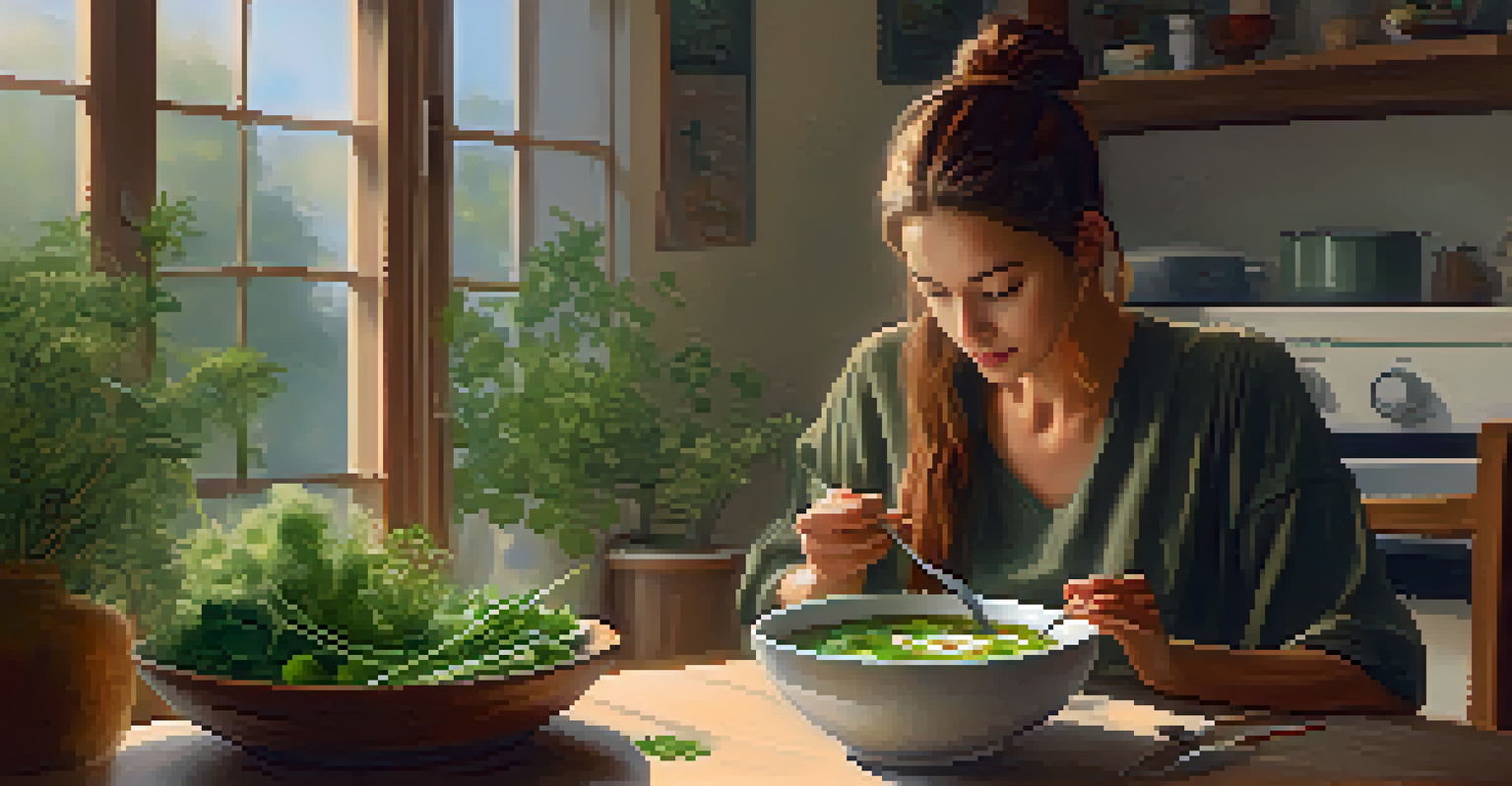 A person enjoying a bowl of vegan soup in a calm setting, practicing mindfulness and appreciation for their meal.
