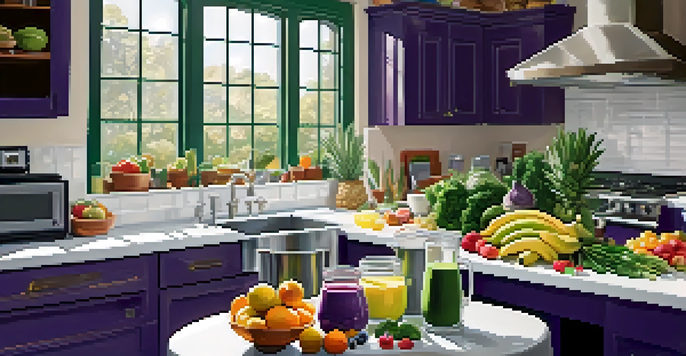 A bright kitchen with a blender surrounded by fresh fruits and vegetables, sunlight illuminating the scene.