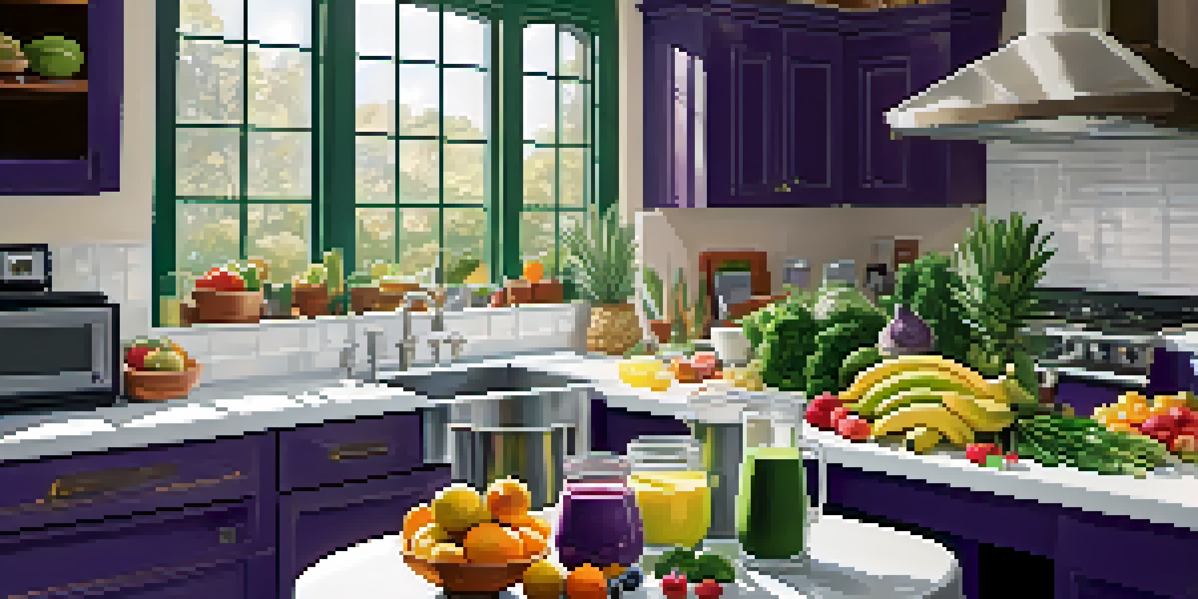 A bright kitchen with a blender surrounded by fresh fruits and vegetables, sunlight illuminating the scene.