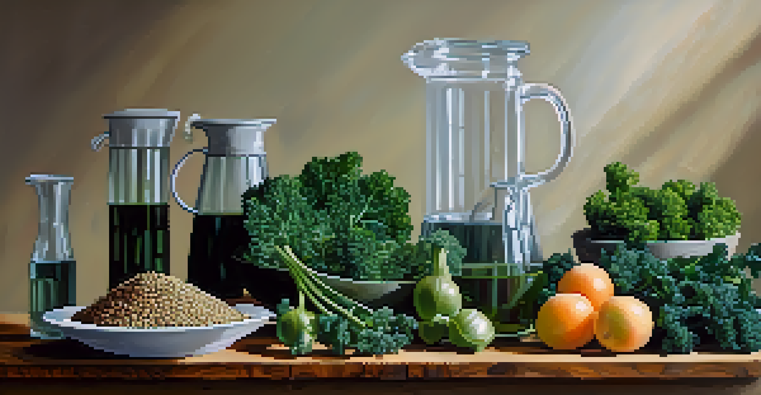 An arrangement of lentils and kale on a wooden table with measuring cups of water, illustrating the water savings of plant-based diets.
