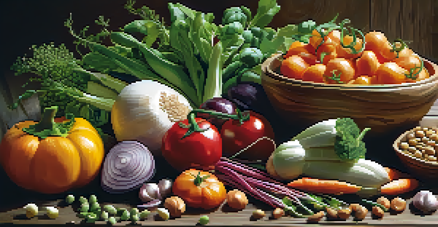 A rustic wooden table displaying a variety of legumes, grains, and vegetables, showcasing the beauty of plant-based foods in natural lighting.