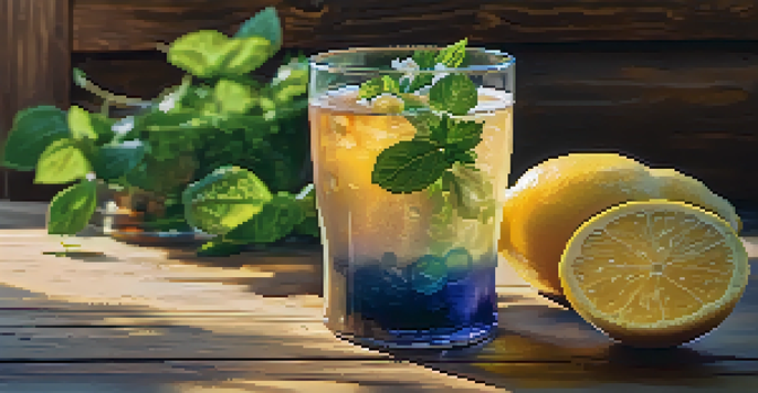 A glass of amber kombucha on a wooden table, surrounded by lemon slices, ginger root, and mint, with soft sunlight illuminating the scene.