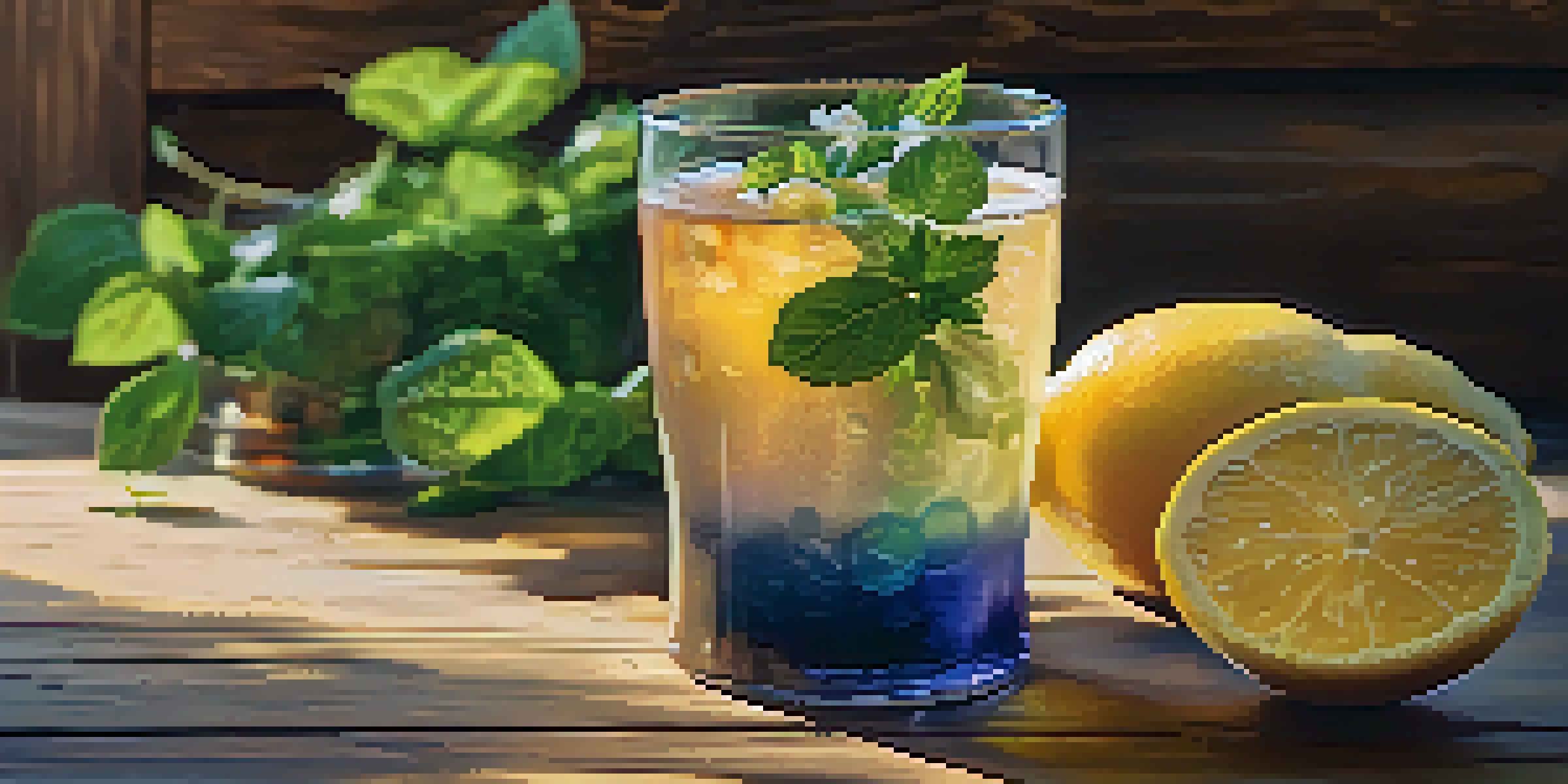 A glass of amber kombucha on a wooden table, surrounded by lemon slices, ginger root, and mint, with soft sunlight illuminating the scene.