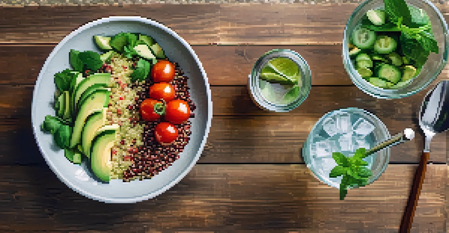 An artistic flat lay of a colorful vegan quinoa salad with fresh ingredients and a glass of infused water on a rustic wooden table.
