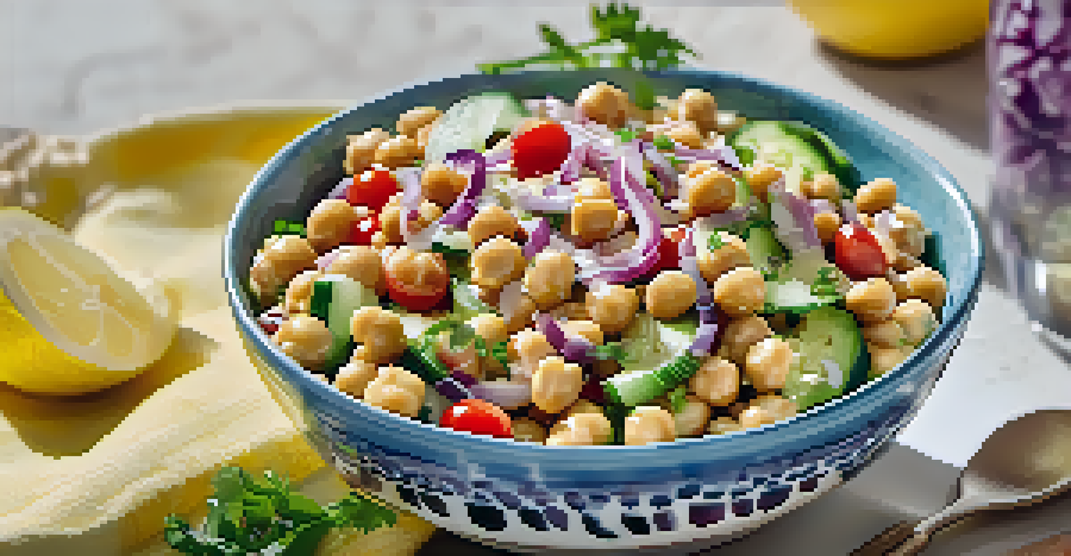 A fresh chickpea salad in a bowl with cucumber, tomatoes, and red onion, showcased on a patterned tablecloth with dressing on the side.