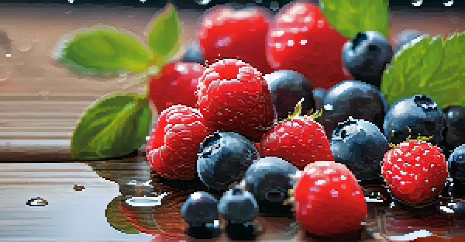 A wooden board displaying fresh berries with water droplets, focused on the vibrant colors of the fruits.