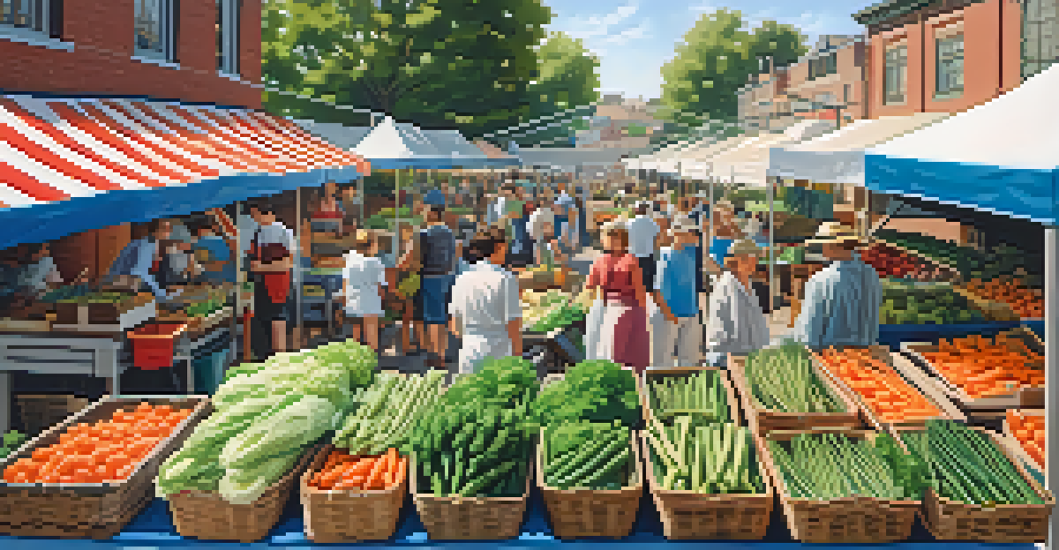 A lively farmer's market with stalls filled with fresh spring vegetables and shoppers interacting with farmers under a blue sky.