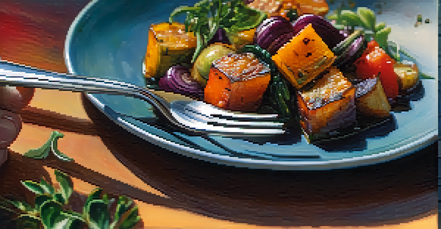 A hand holding a fork with roasted vegetables, showcasing the vibrant colors and textures of the food.