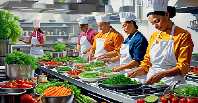 A lively vegan culinary competition with chefs preparing colorful plant-based dishes in a modern kitchen.