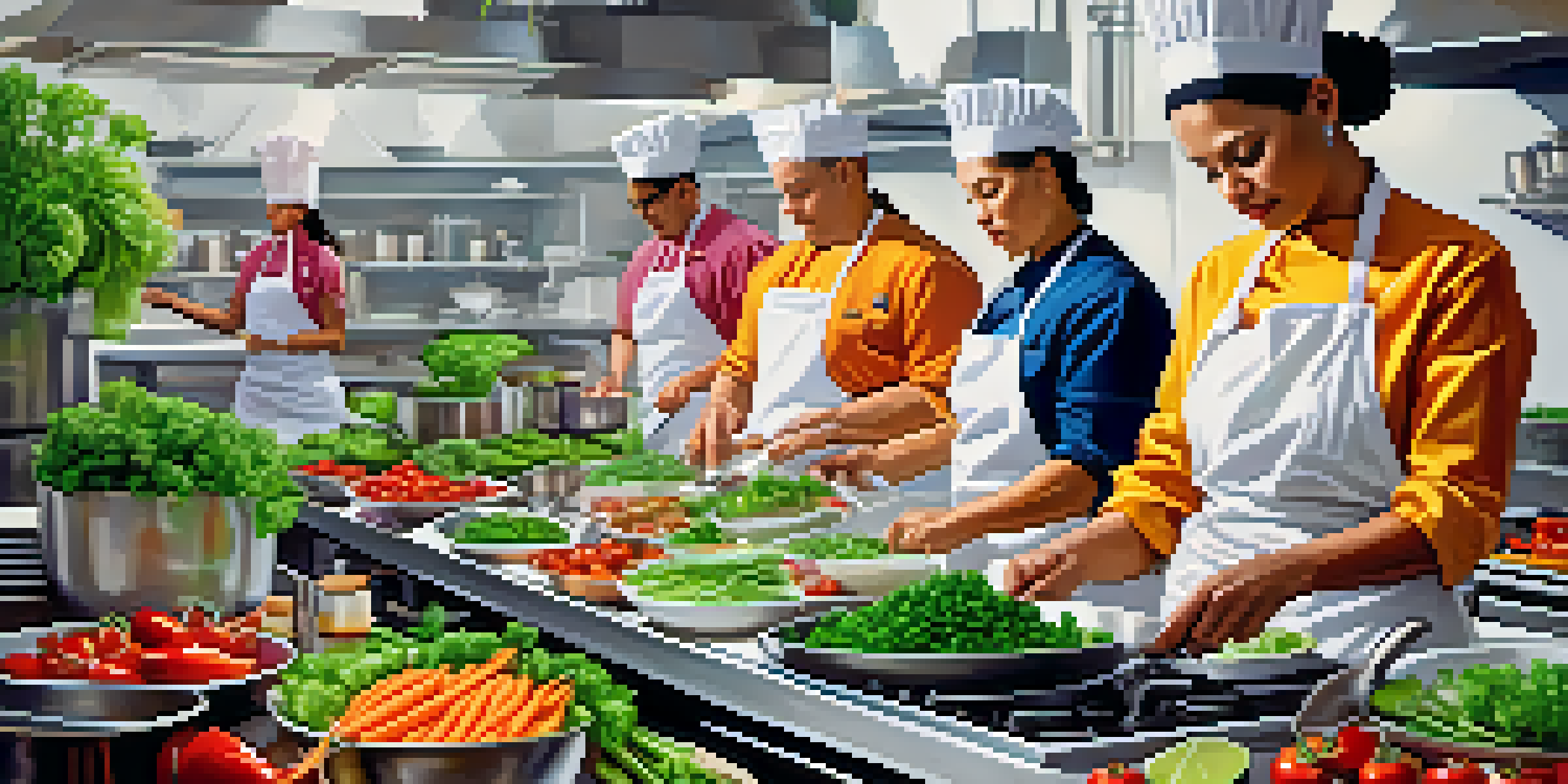 A lively vegan culinary competition with chefs preparing colorful plant-based dishes in a modern kitchen.