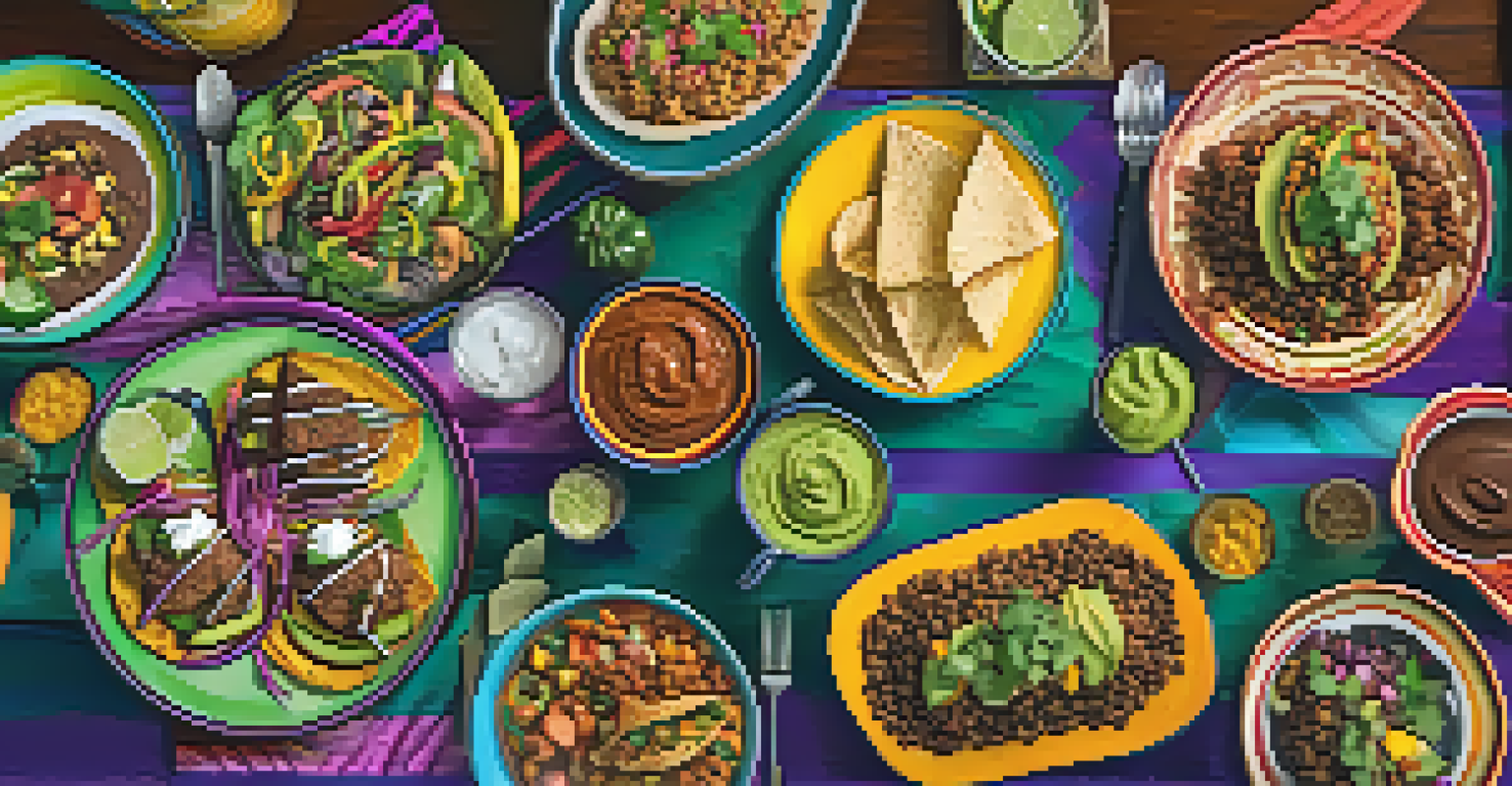 An overhead view of a colorful vegan feast featuring tacos, lentil loaf, and dessert.
