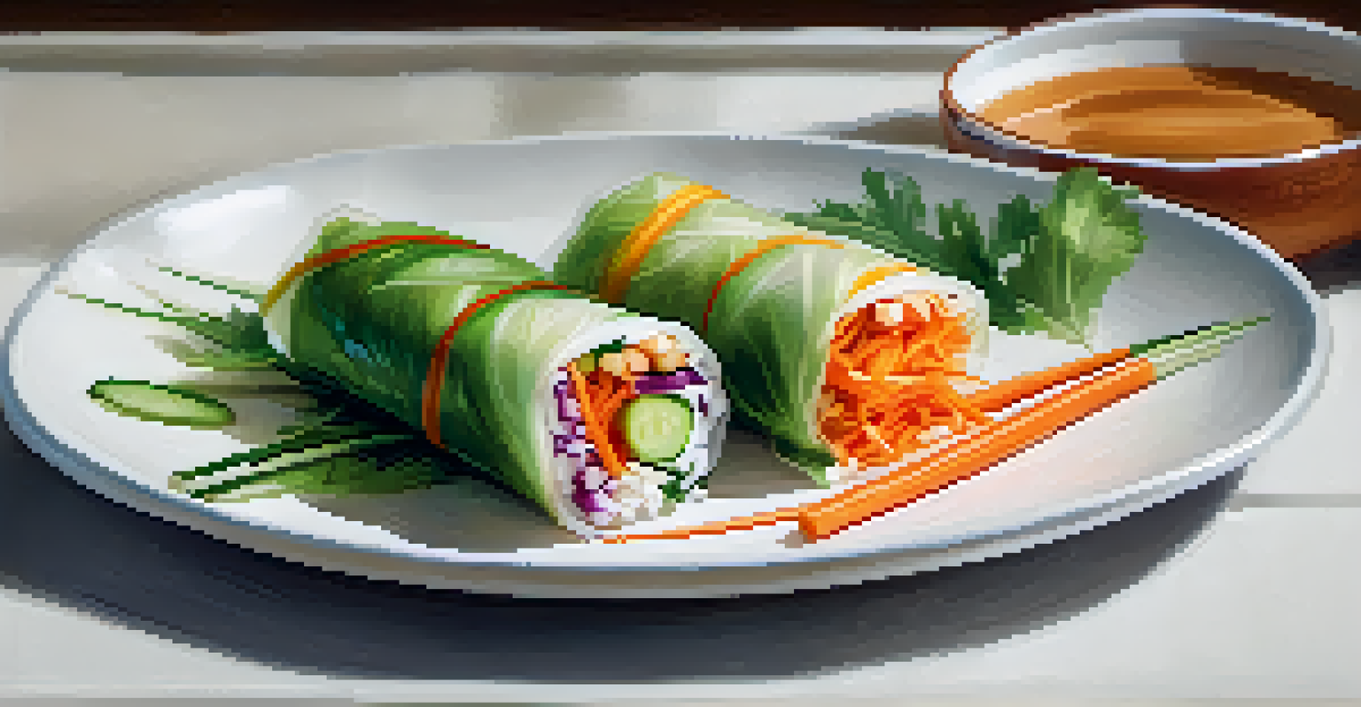A fresh vegan spring roll filled with colorful vegetables, served with a bowl of peanut dipping sauce on a white plate.
