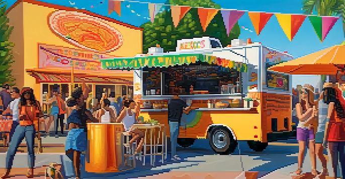 A lively outdoor festival with a colorful vegan food truck serving tacos, surrounded by diverse people enjoying food and music under a warm sunset.