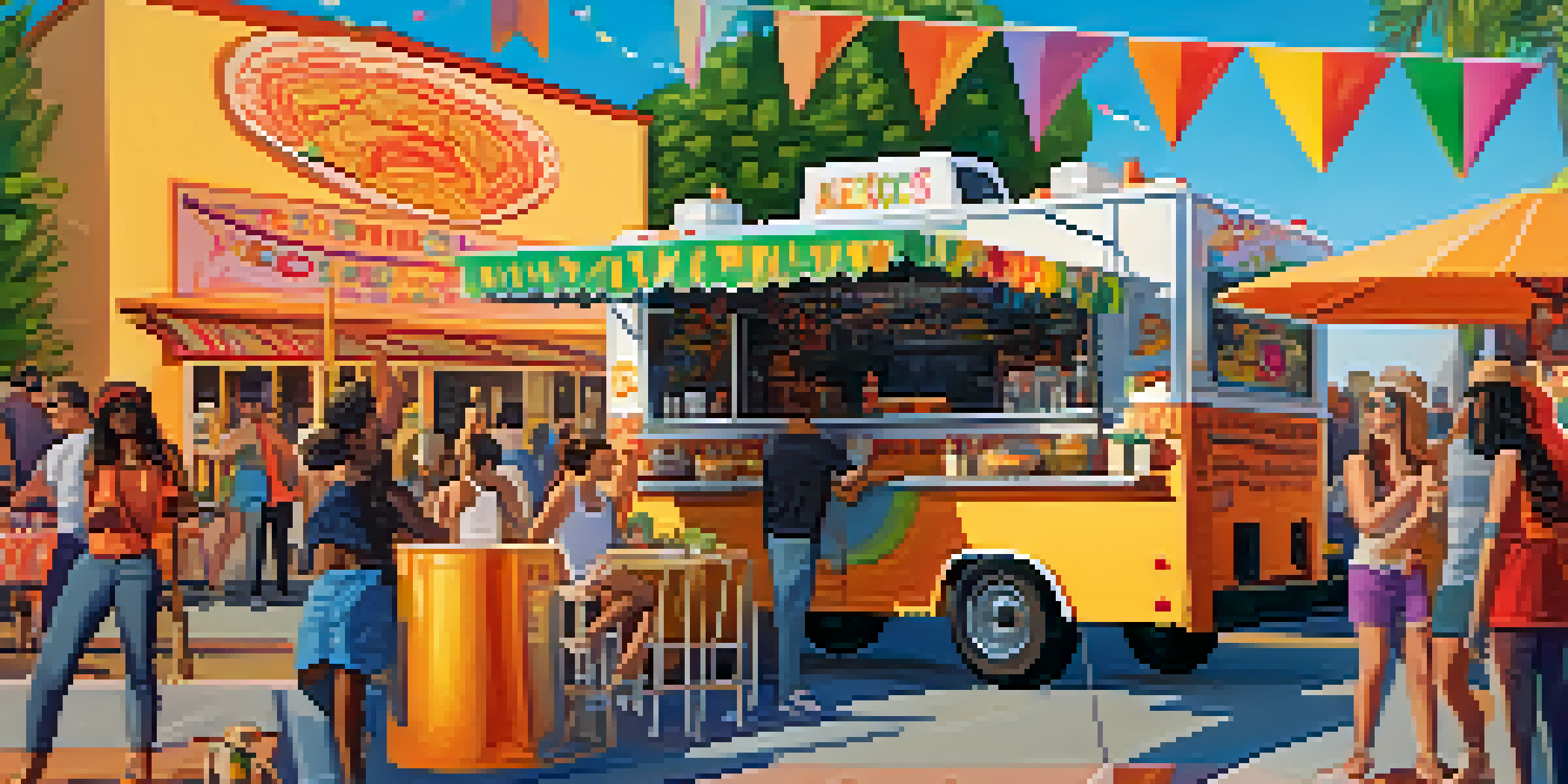 A lively outdoor festival with a colorful vegan food truck serving tacos, surrounded by diverse people enjoying food and music under a warm sunset.