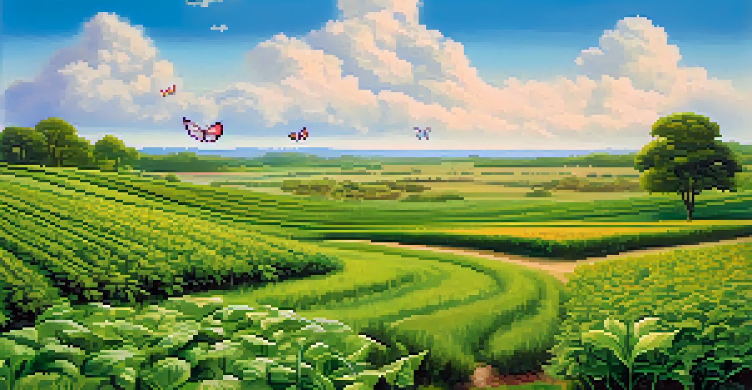 A peaceful green field with various plants, a signpost reading 'Plant-Based Future', and butterflies under a clear blue sky.