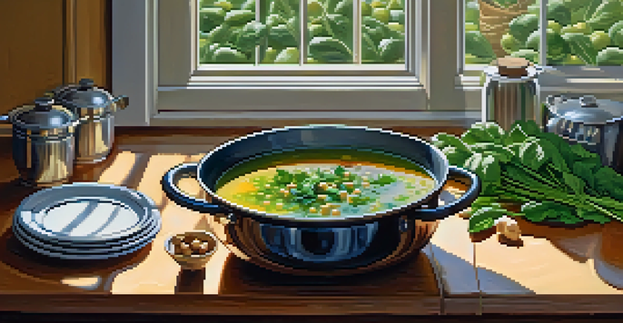A pot of chickpea and spinach soup on a stove in a warm, inviting kitchen with herbs and vegetables around.