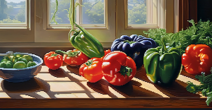 A kitchen countertop with an assortment of imperfect fruits and vegetables, illuminated by sunlight.