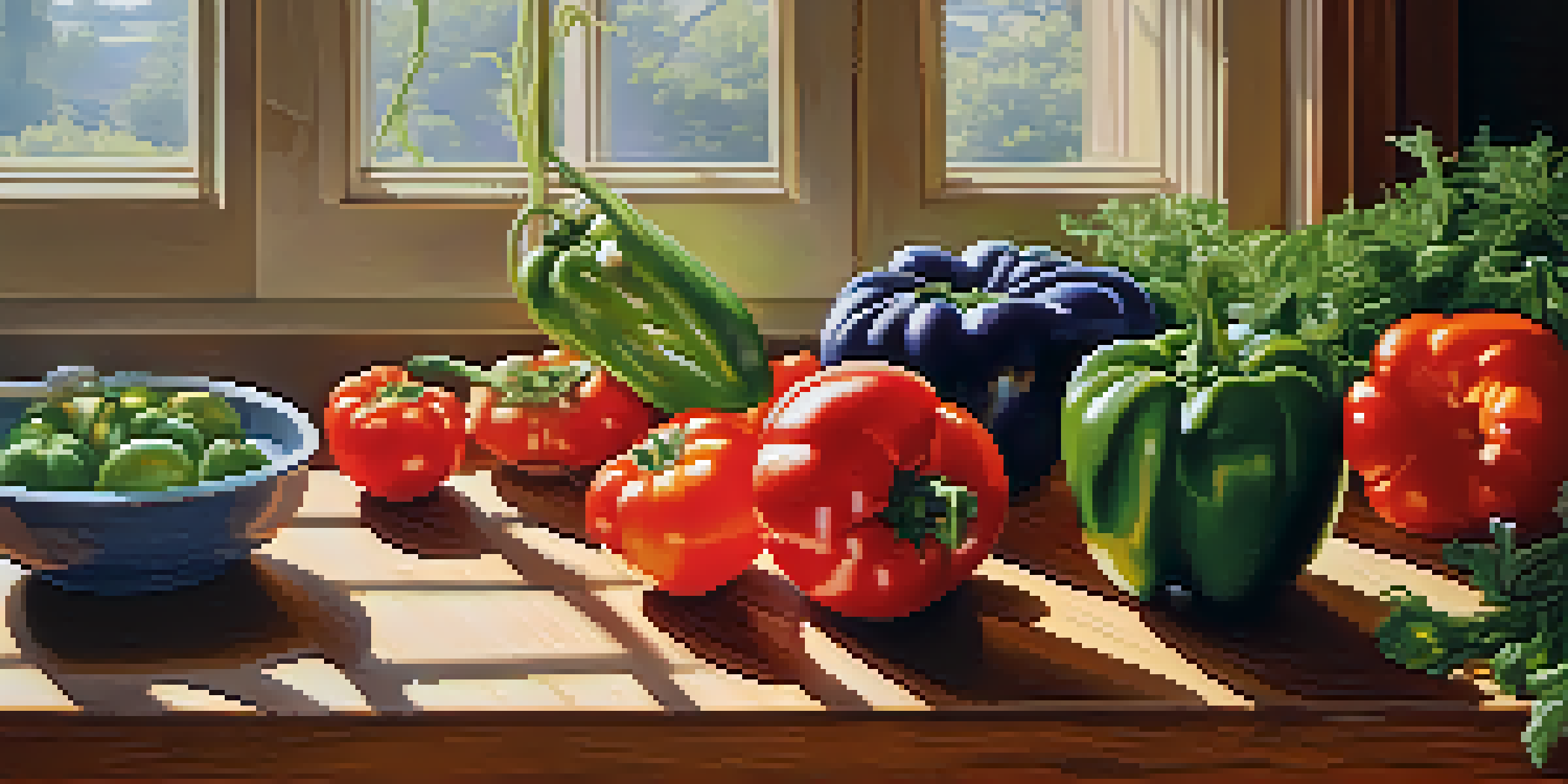 A kitchen countertop with an assortment of imperfect fruits and vegetables, illuminated by sunlight.
