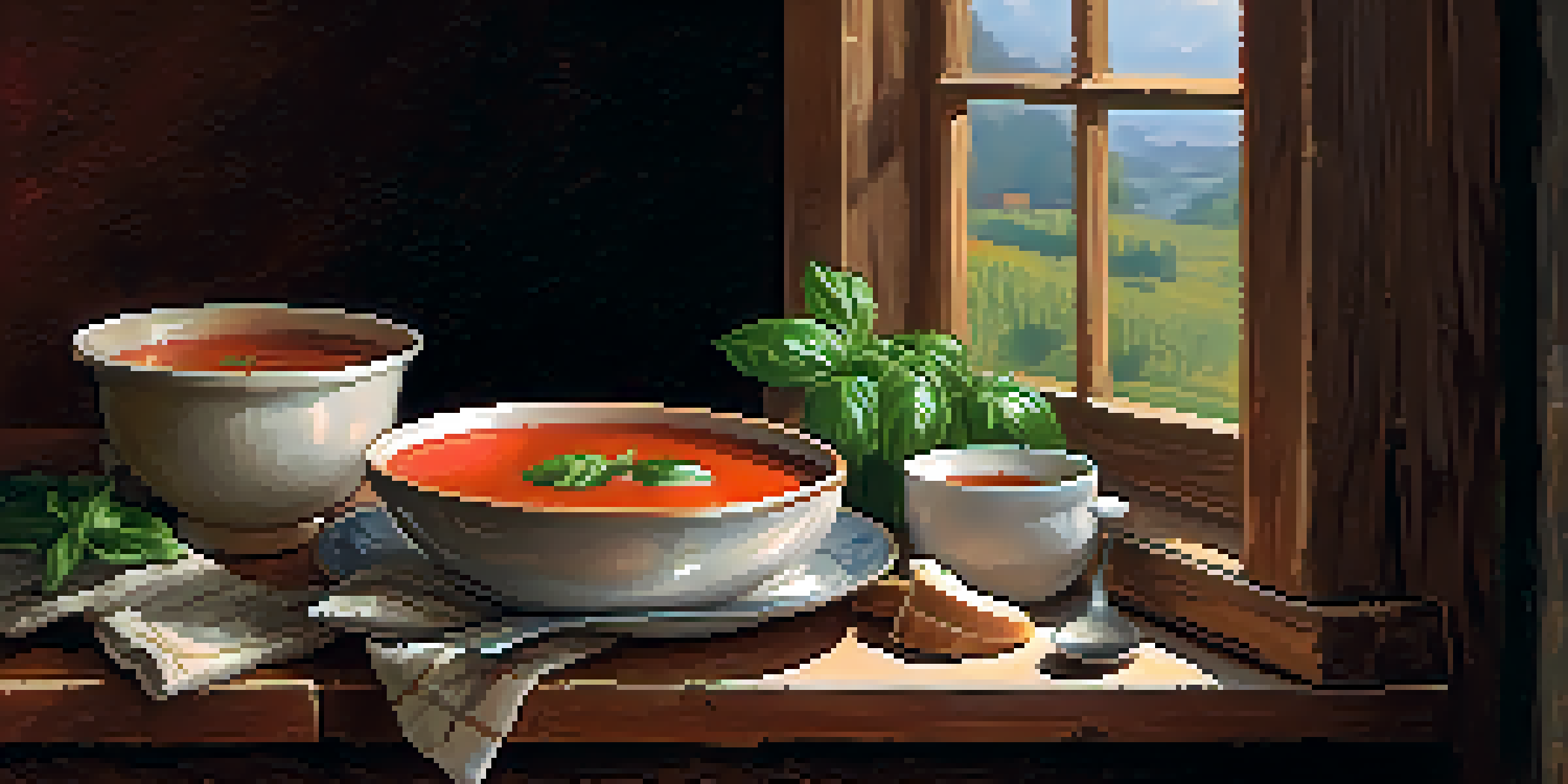 A cozy kitchen table with a bowl of creamy tomato basil soup and crusty bread, illuminated by soft, warm light.