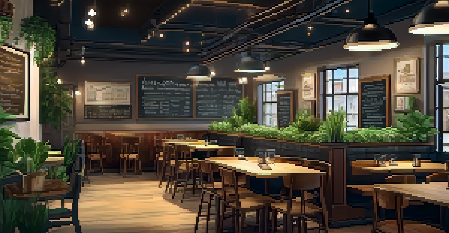 A cozy interior of a plant-based restaurant with wooden tables and a chalkboard menu, showcasing a warm atmosphere.