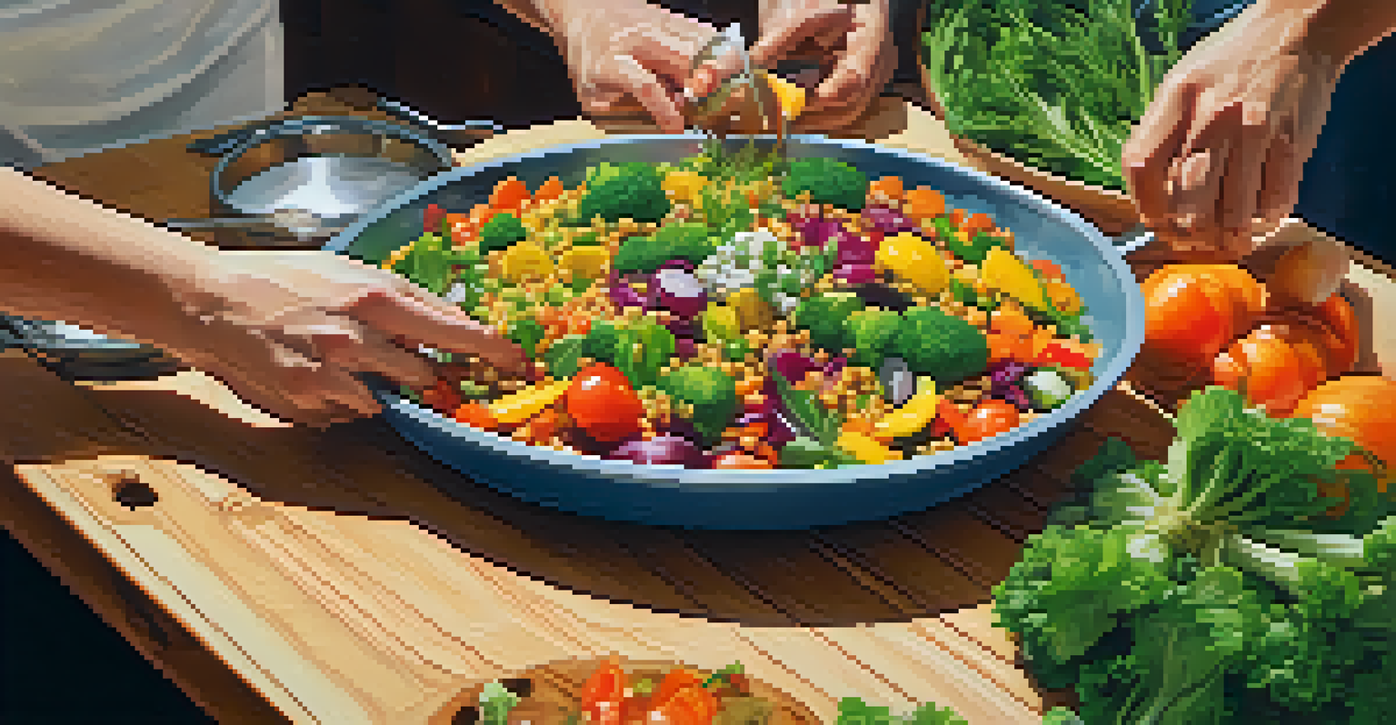A close-up of hands preparing a vibrant vegan dish with vegetables and herbs on a cutting board, in a lively cooking workshop.